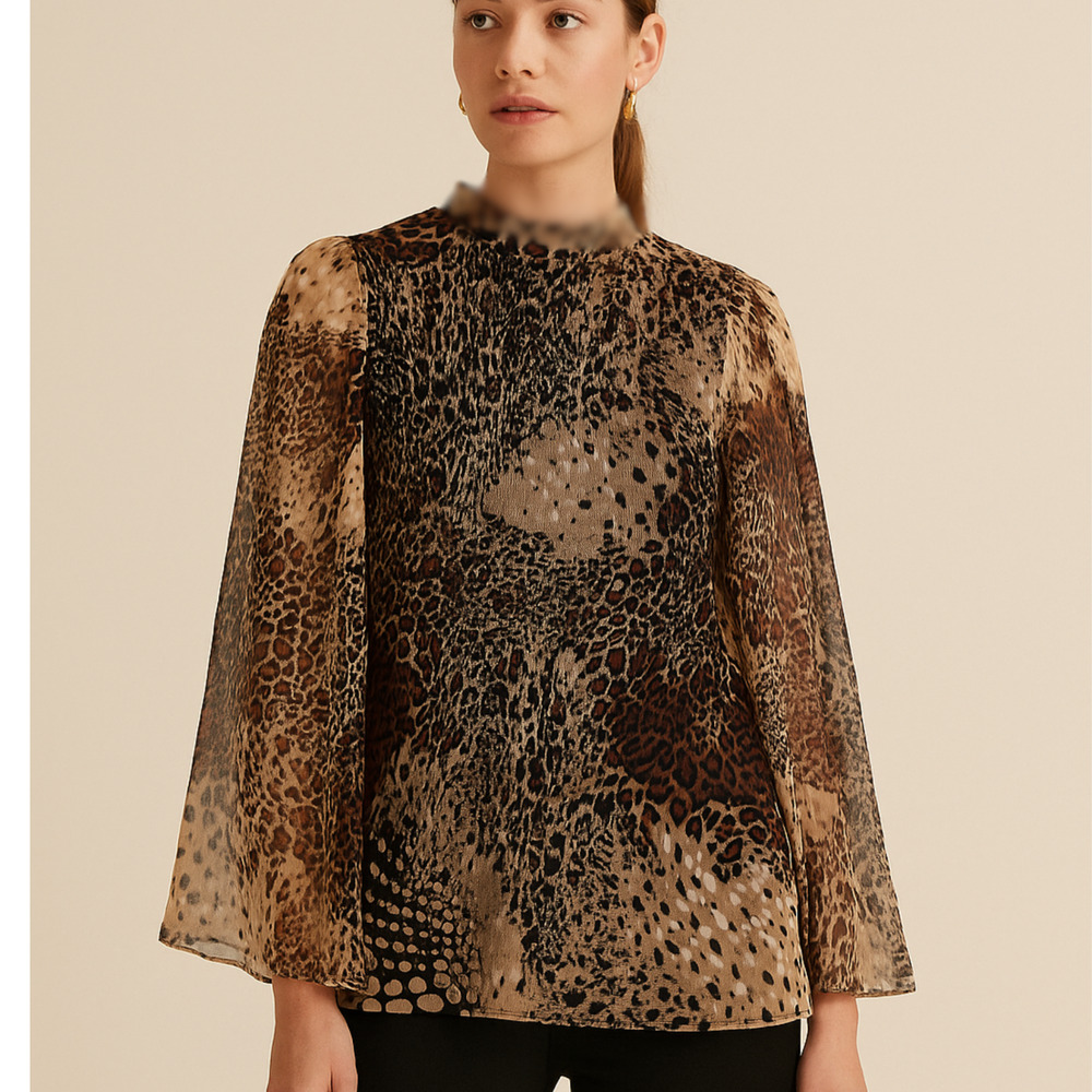 NEW Chicos Mesh Blouse Womens 2 Large Brown Lined Sheer Flare Sleeves Boho $65